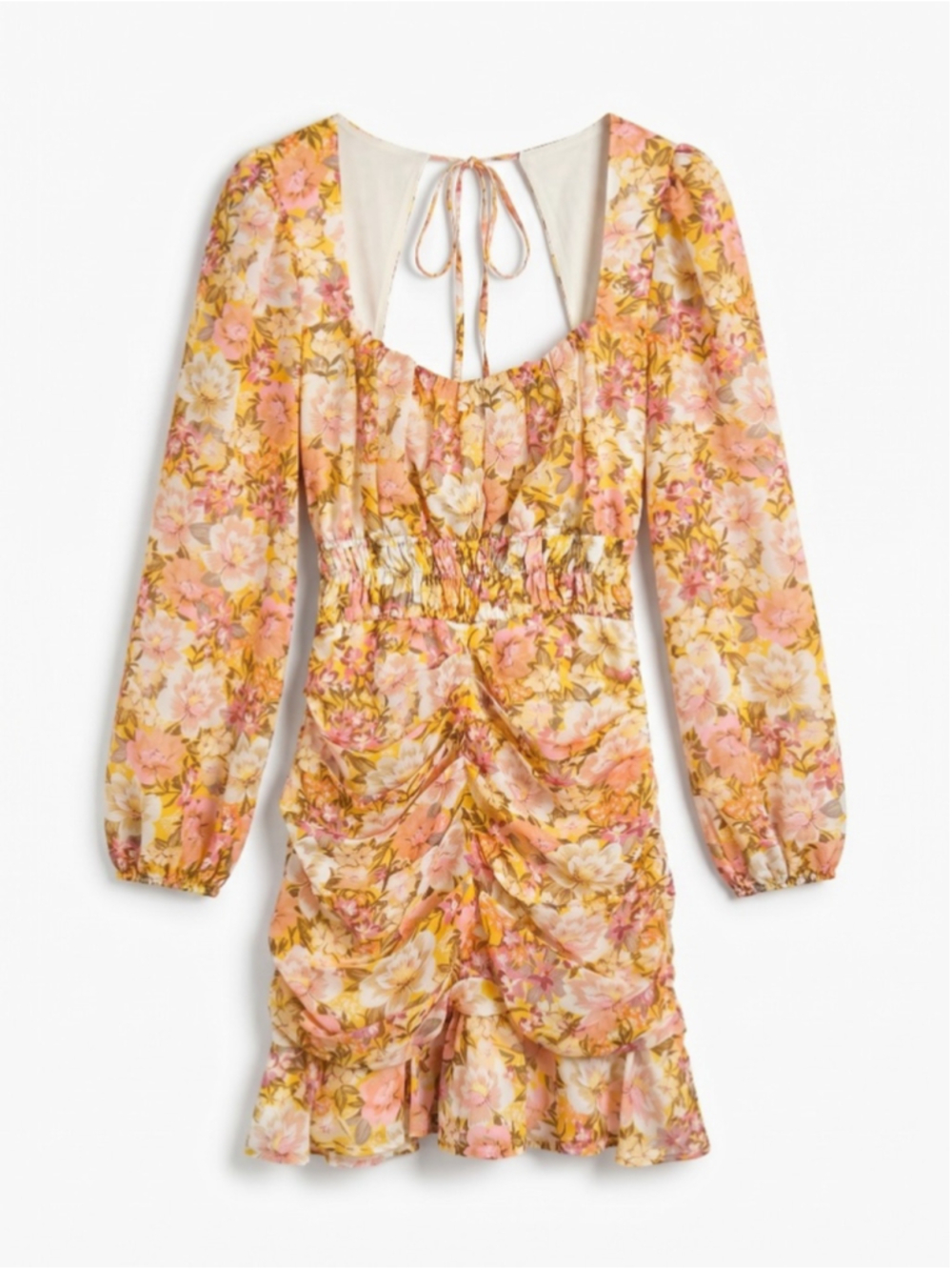 ASTR The Label Floral Ruched Yellow Pink Mini Dress Party Garden Summer, Sz XS